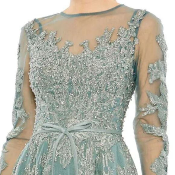 MAC DUGGAL Women’s Embellished Bow Belt Illusion Long Sleeve A-Line Dress in 10 - Picture 5 of 13
